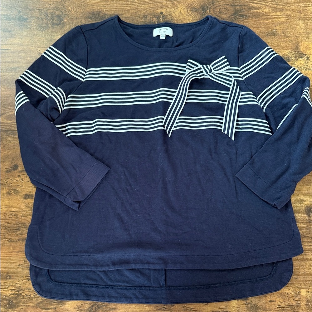 crown & ivy Navy Striped Bow-Accent Women’s Top